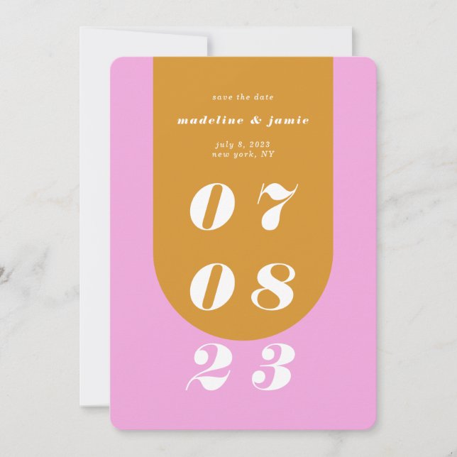 Modernes minimales rosa und gelbes Retro-Gewölbe m Save The Date (Vorderseite)