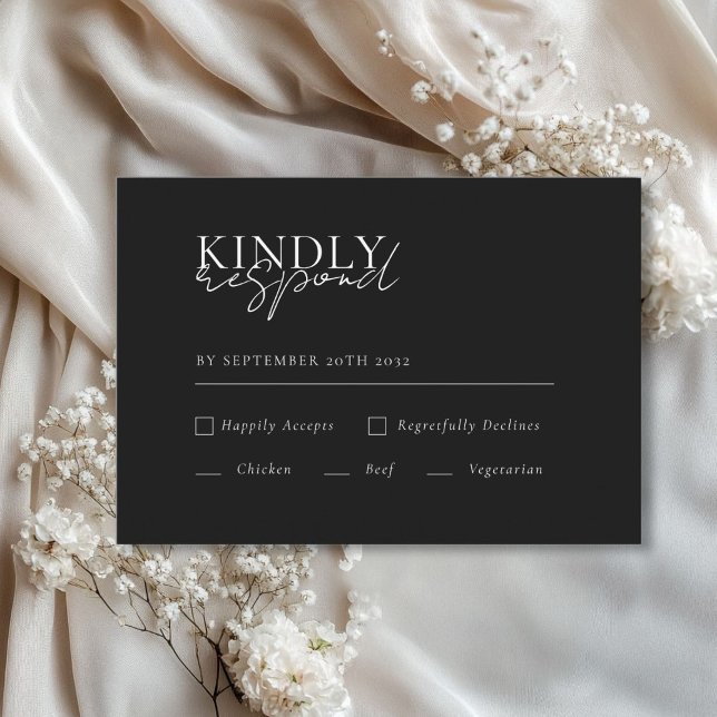 Modernes, minimales, schwarzes QR Code Wedding RSV Begleitkarte (Modern, Minimal, Black, QR Code Wedding RSVP Enclosure Card with meal choice.)