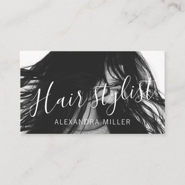 Modernes, minimales Skript-Haarstylist-Foto Visitenkarte (Vorderseite)