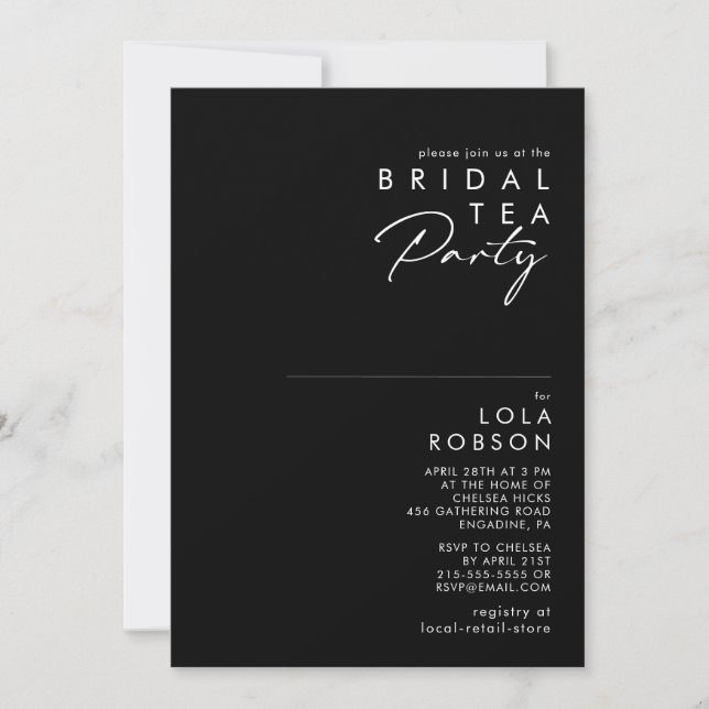 Modernes Minimalistisch | Black Bridal Tee Party Einladung (Vorderseite)