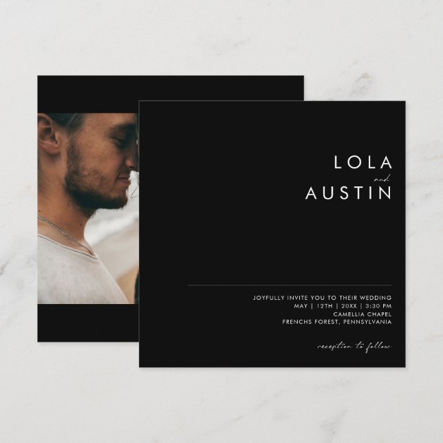 Modernes Minimalistisch | Black Foto Square Weddin Einladung (Vorne/Hinten)