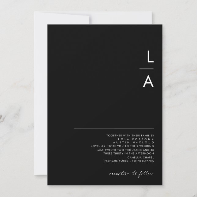 Modernes Minimalistisch | Black Monogram Wedding Einladung (Vorderseite)