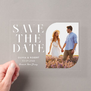 Modernes Minimalistisch-Chic-Foto-Hochzeit retten Acryleinladungen