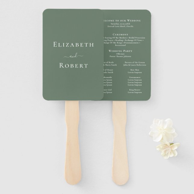 Modernes Minimalistisch Dark Sage Green Wedding Pr Fächer (Vorne und Hinten)