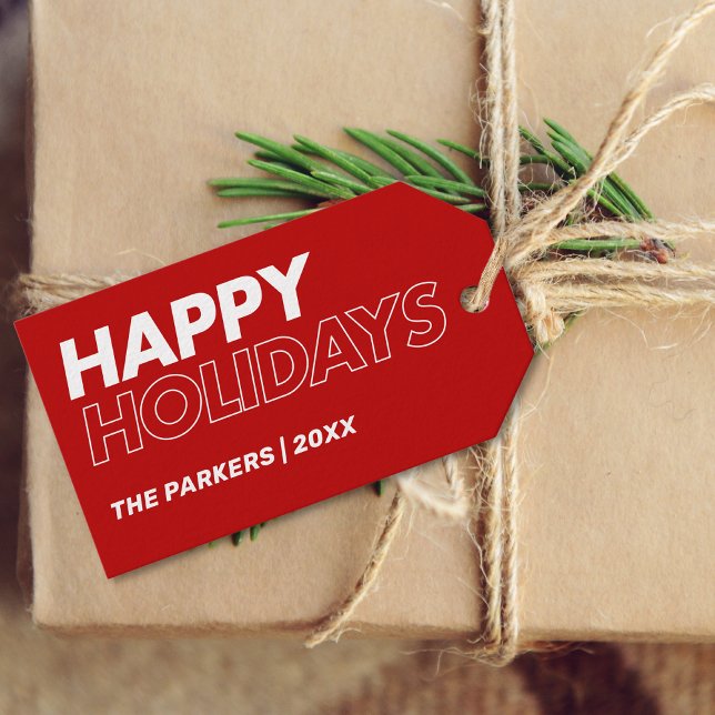 Modernes Minimalistisch Happy Holidays Red Geschenkanhänger (Von Creator hochgeladen)