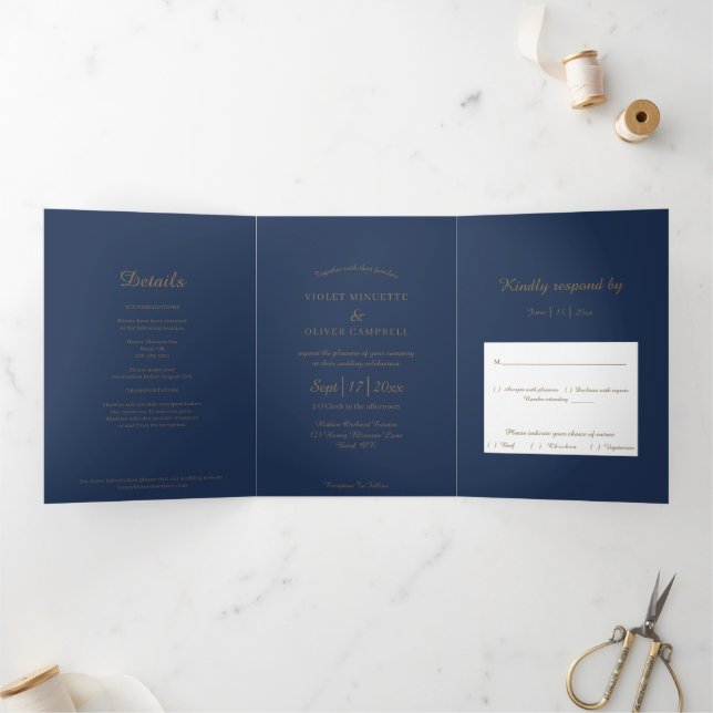 Modernes Minimalistisch | Navy Gold Dreifach Gefaltete Einladung (Innenseite)