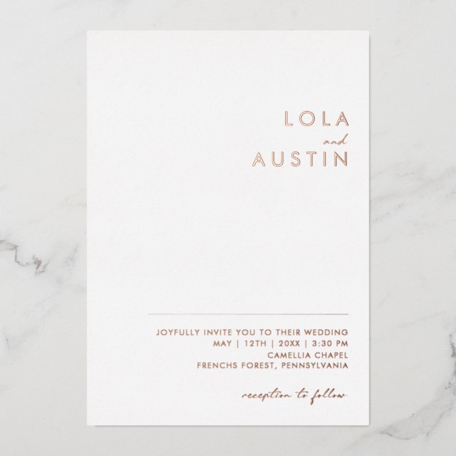 Modernes Minimalistisch | Rose Gold Lässig Hochzei Folieneinladung (Vorderseite)