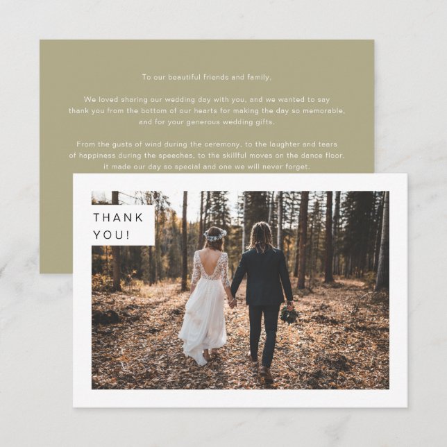 Modernes Minimalistisch Sage Green Wedding Foto Dankeskarte (Vorne/Hinten)