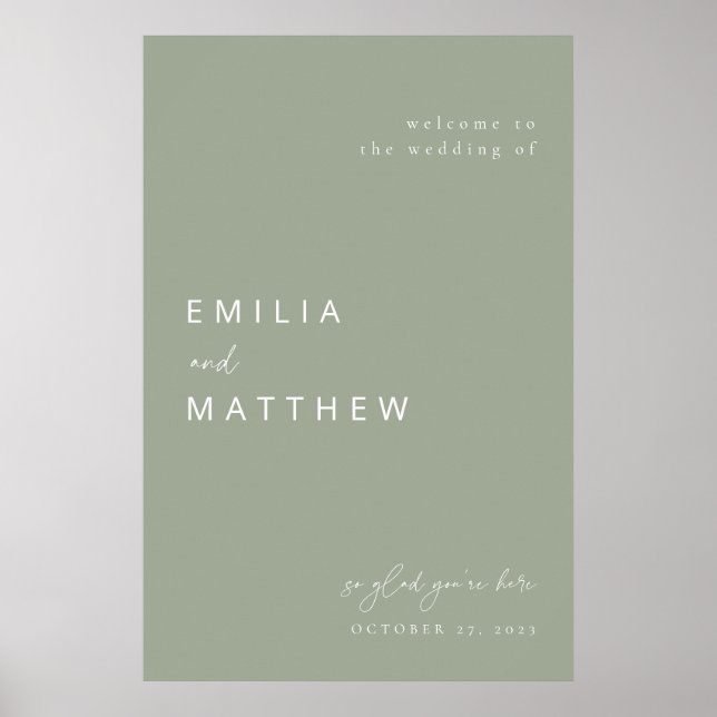 Modernes Minimalistisch Sage Green Wedding Willkom Poster (Vorne)