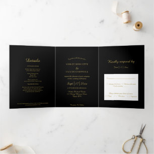 Modernes Minimalistisch Schwarzes Gold Dreifach Gefaltete Einladung