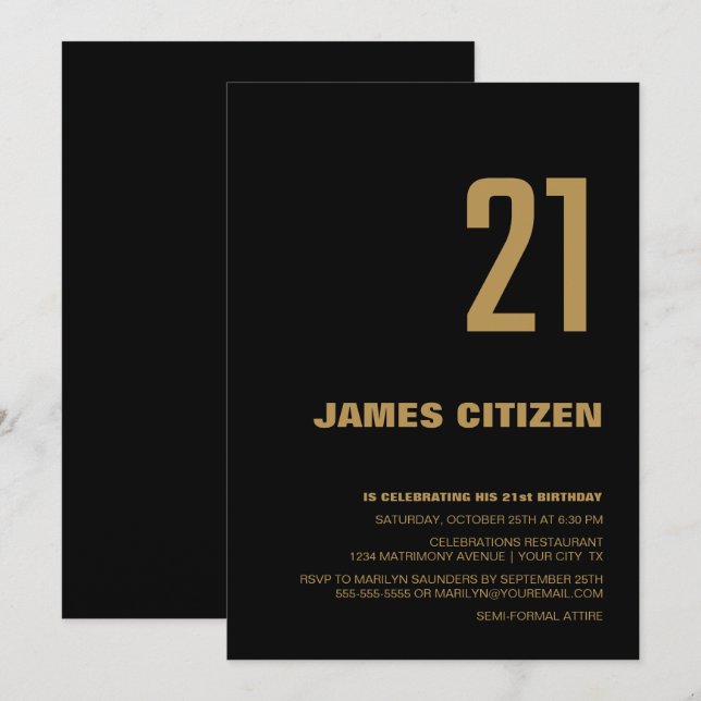 Modernes Minimalistisches Black Gold 21. Geburtsta Einladung (Vorne/Hinten)