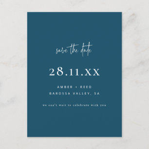 Modernes Minimalistisches Blue Script Save the Dat Ankündigungspostkarte