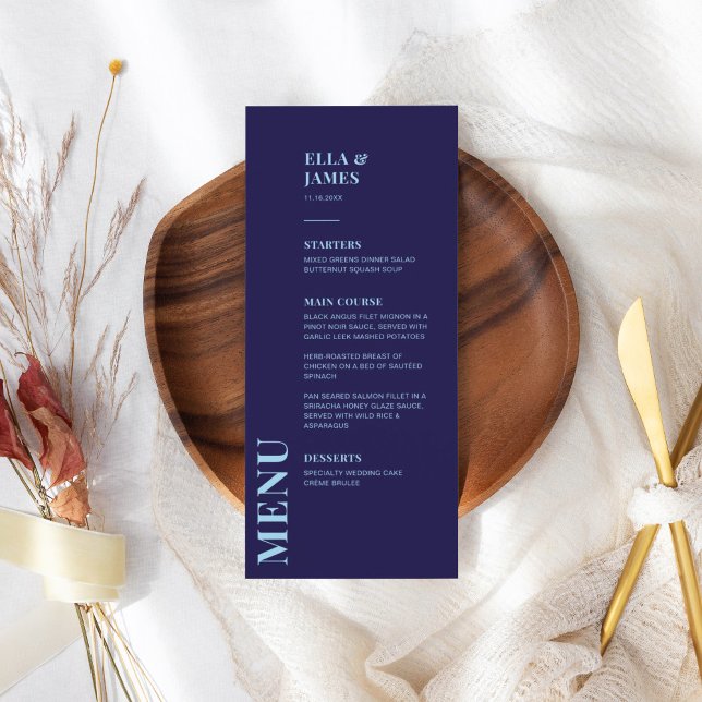 Modernes Minimalistisches Blue Wedding Menu Menükarte (Von Creator hochgeladen)