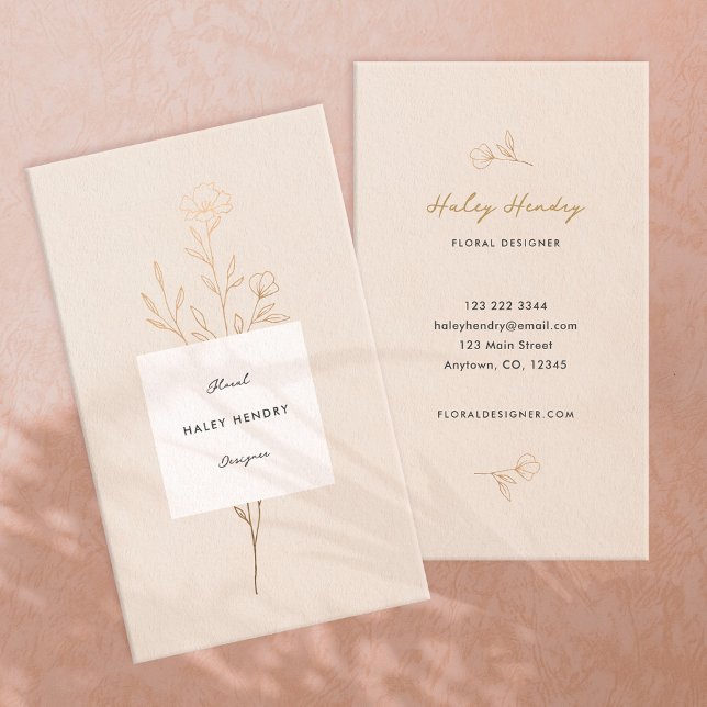Modernes Minimalistisches Blumengold und -creme Visitenkarte (Modern minimalist chic floral boho wildflower cream gold business card)