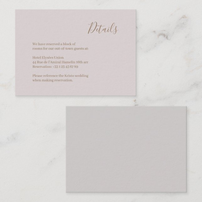 Modernes Minimalistisches Blush Gold Wedding Hotel Begleitkarte (Vorne/Hinten)