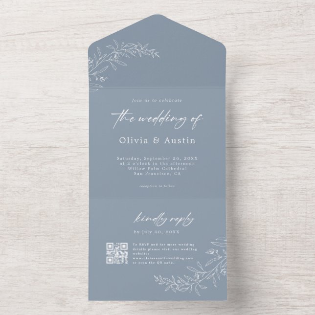 Modernes Minimalistisches Boho Dusty Blue QR Code  All In One Einladung (Innen Boden)