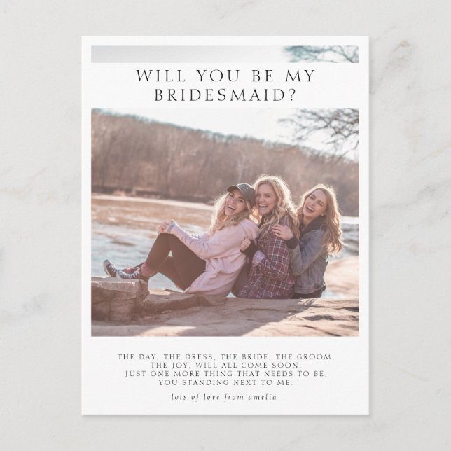Modernes Minimalistisches Bridesmaid Gedicht & Fot Ankündigungspostkarte (Vorderseite)