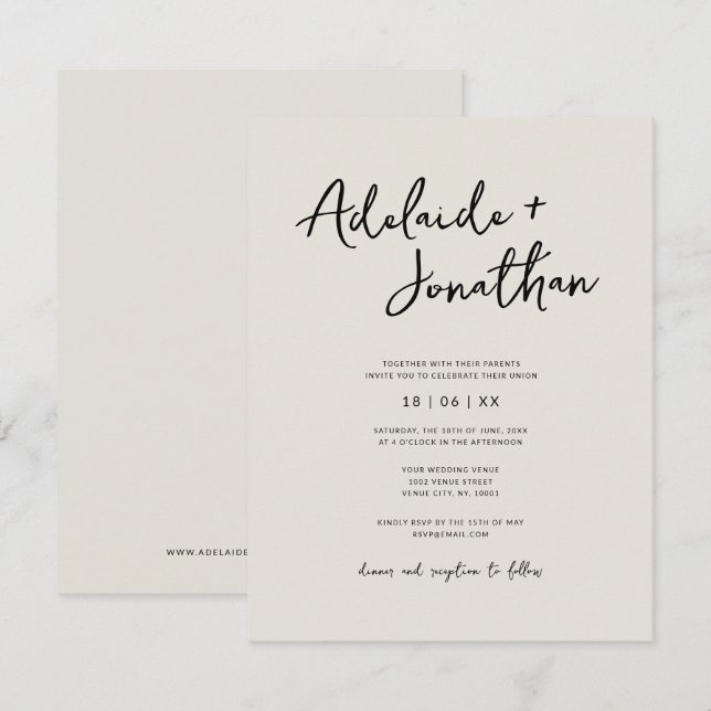 Modernes Minimalistisches Budget Elfenbeinhochzeit Einladung (Vorne/Hinten)
