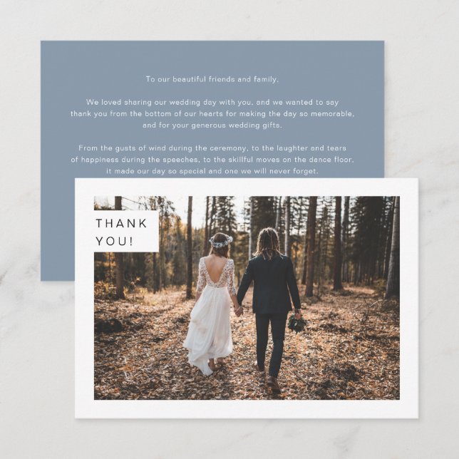 Modernes Minimalistisches Dusty Blue Wedding Foto Dankeskarte (Vorne/Hinten)