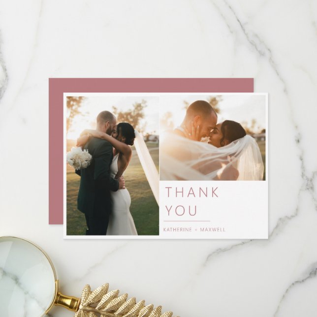 Modernes Minimalistisches Dusty Rose Wedding Foto Dankeskarte (Vorderseite/Rückseite Beispiel)