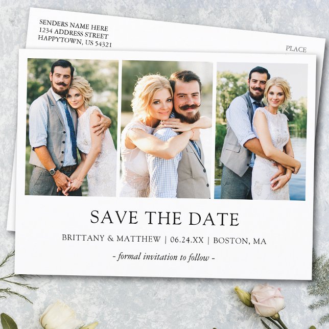 Modernes Minimalistisches Einfaches 3 Foto Save th Postkarte (Customize to change text size or text style.)