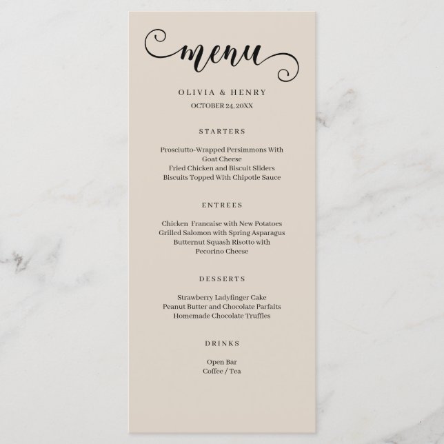 Modernes Minimalistisches einfaches Hochzeitsmenü Menükarte (Vorderseite)