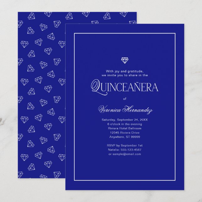 Modernes Minimalistisches Elegantes Royal Blue Qui Einladung (Vorne/Hinten)
