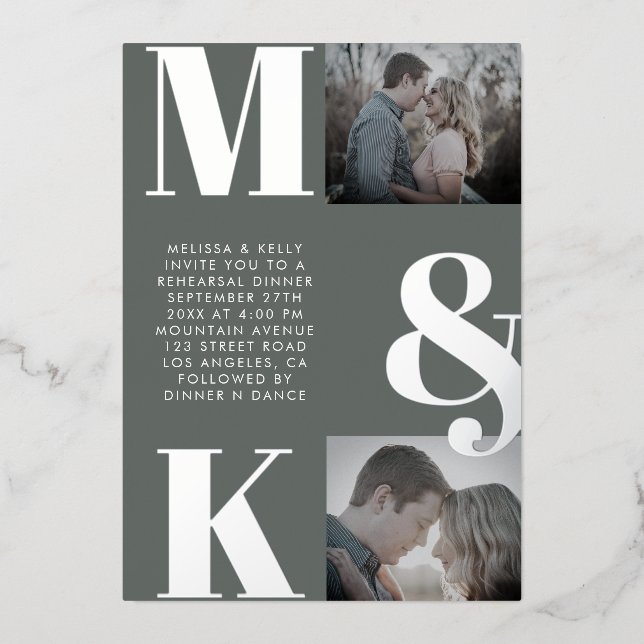 Modernes Minimalistisches Foto mit feinem Monogram Folieneinladung (Vorderseite)