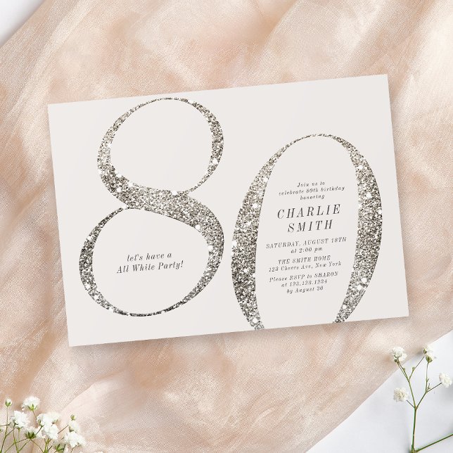 Modernes, minimalistisches, ganz weißes Party 80. Einladung (Modern minimalist all white party 80th birthday invitation)