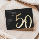Modernes Minimalistisches Gold 50. Geburtstag Einladung<br><div class="desc">Moderne minimalistische 50. Geburtstagsfeier Einladung mit stilvollen Imitate Gold-Folie Nummer handschriftlich Drehbuch 50 und Ihr Party Details in klassischen Serif-Schriftart auf schwarzem Hintergrund,  einfach und elegant,  große Überraschung Erwachsenenstein Geburtstagseinladung für Männer und Frauen. Die schwarze Hintergrundfarbe kann in jede beliebige Farbe geändert werden.</div>
