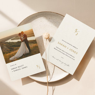 Modernes Minimalistisches Gold Foto Wedding Ecru Einladung