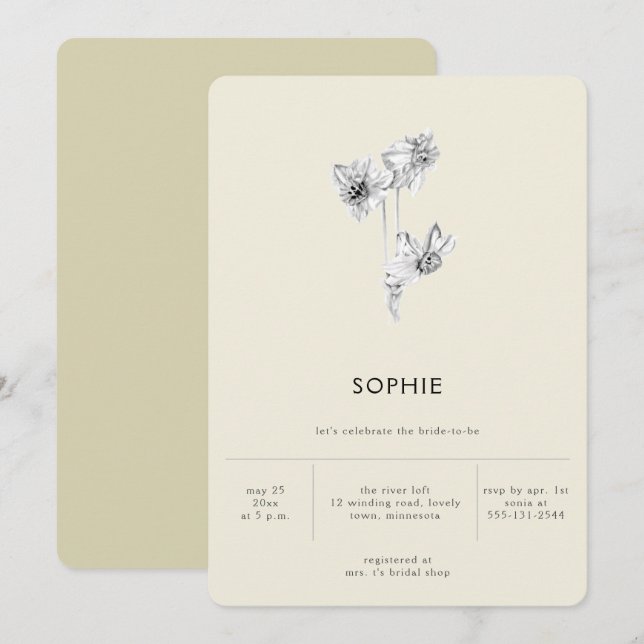 Modernes Minimalistisches Gold Hint Daffodil Braut Einladung (Vorne/Hinten)