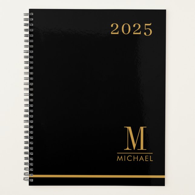 Modernes Minimalistisches Gold Monogram Black 2025 Planer (Vorderseite)