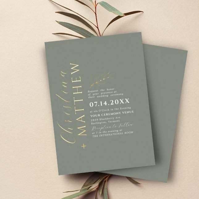 Modernes Minimalistisches Green Sage Wedding Gold Folieneinladung (Von Creator hochgeladen)