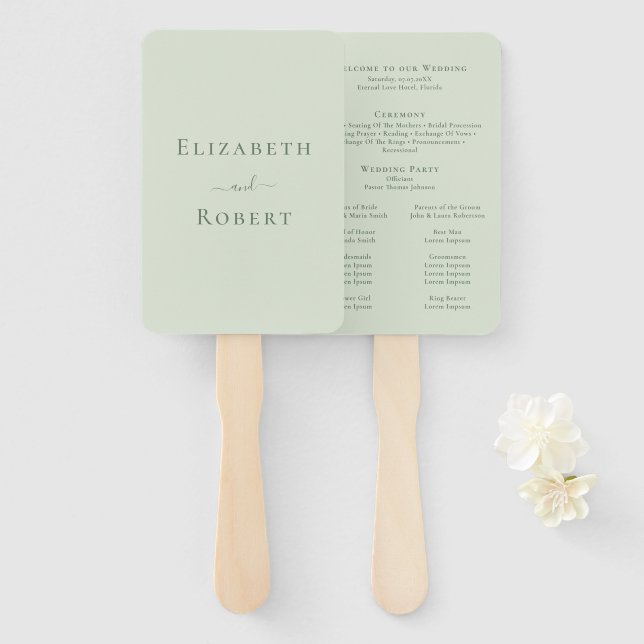 Modernes Minimalistisches Grün-Hochzeitsprogramm f Fächer (Vorne und Hinten)