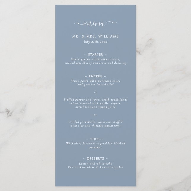 Modernes Minimalistisches Hochzeitmenü in Dusty Bl Menükarte (Vorderseite)