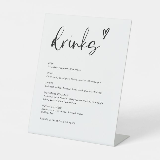 Modernes Minimalistisches Hochzeitmenü mit Bar Sockelschild (Vorderseite)