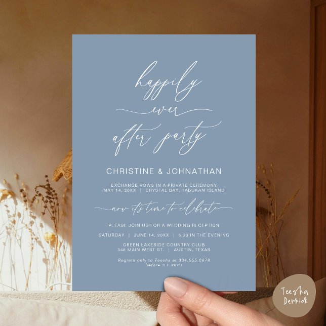 Modernes Minimalistisches Hochzeitstreffen Party D Einladung (Wedding Happily Ever After Party Dinner Brunch Elopement Invitation Card, PDF, Dusty Blue)