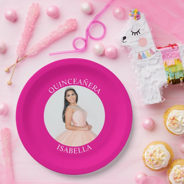 Modernes Minimalistisches Hot Pink Quinceñera Foto Pappteller (Party)