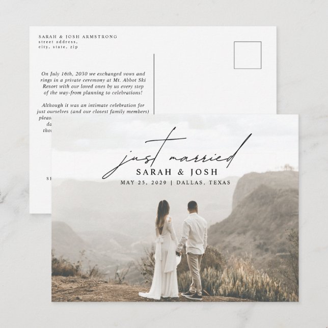 Modernes Minimalistisches Just Married Foto Hochze Ankündigungspostkarte (Vorne/Hinten)