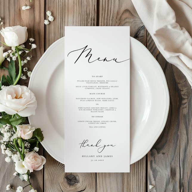 Modernes Minimalistisches kalligrafisches Hochzeit Menükarte (Von Creator hochgeladen)
