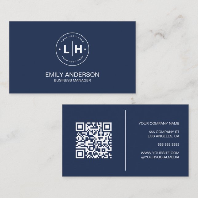 Modernes Minimalistisches Logo QR Navy Blue Visitenkarte (Vorne/Hinten)