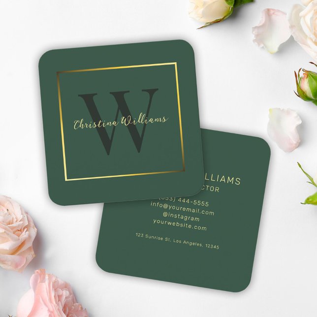 Modernes Minimalistisches Monogram Green Gold Eleg Quadratische Visitenkarte (Modern Minimalist Monogram Green Gold Elegant Square Business Card)