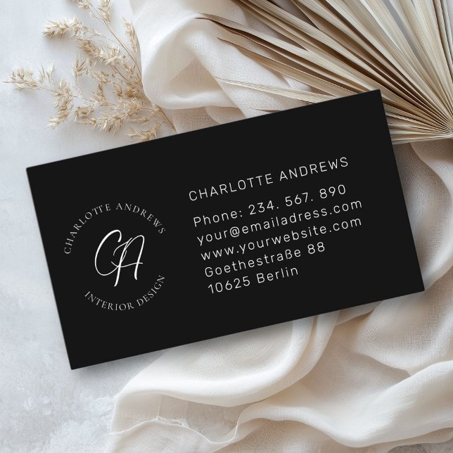 Modernes, minimalistisches Monogramm, Logo, Kreis, Visitenkarte (Modern, minimalist, monogram, logo, circle, black business card)