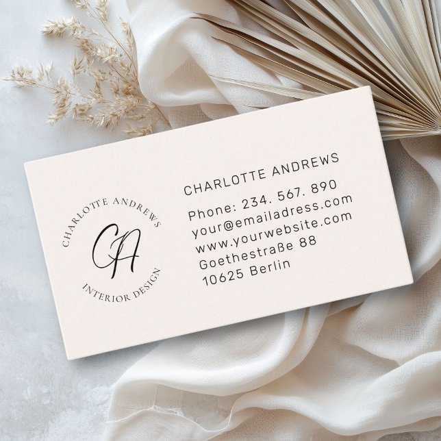 Modernes, minimalistisches Monogramm, Logo, Kreis, Visitenkarte (Modern, minimalist, monogram, logo, circle, beige business card)