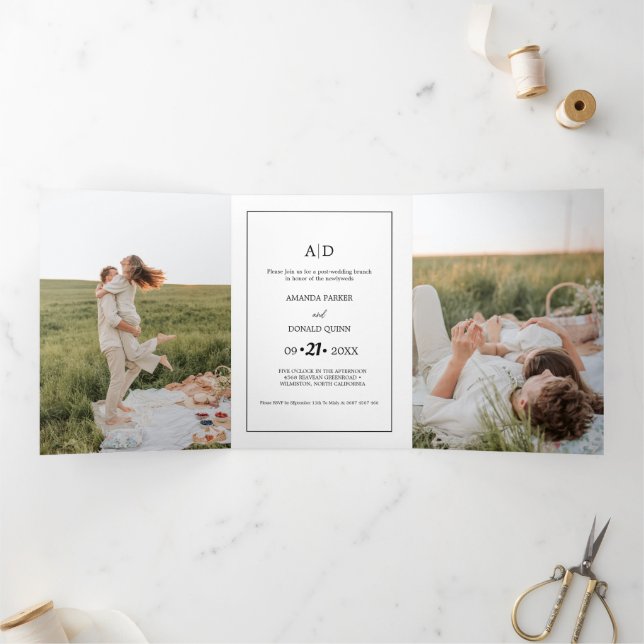Modernes Minimalistisches Monogramm-PräWedding-Bru Dreifach Gefaltete Einladung (Innenseite)