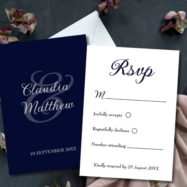 Modernes Minimalistisches Navy Blue and White Wedd RSVP Karte (Modern Minimalist Navy Blue and White Wedding RSVP)