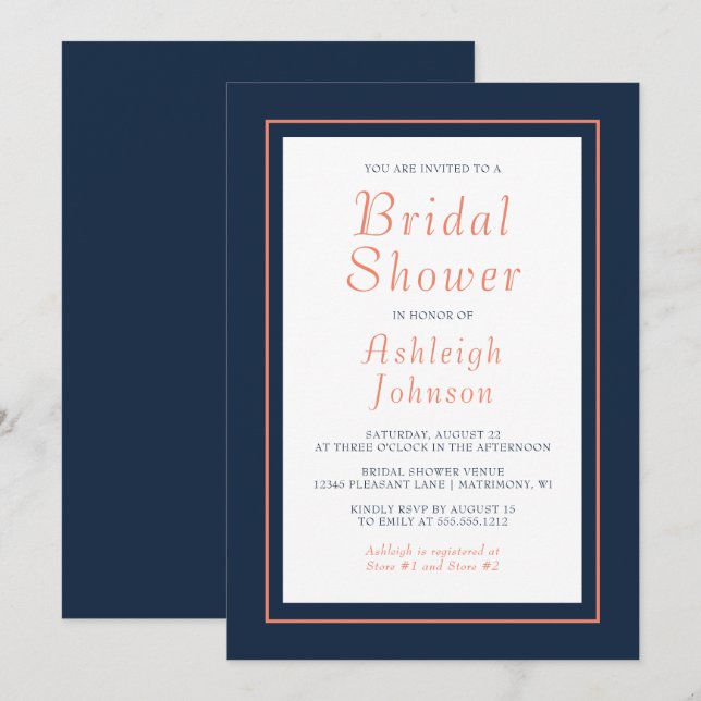 Modernes Minimalistisches Navy Blue Coral Brautpar Einladung (Vorne/Hinten)