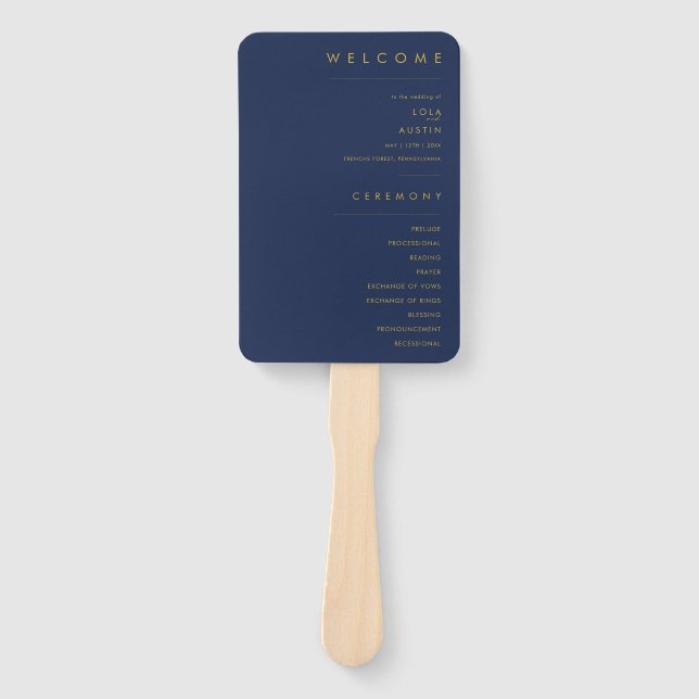 Modernes Minimalistisches Navy Blue | Gold-Hochzei Fächer (Vorderseite)
