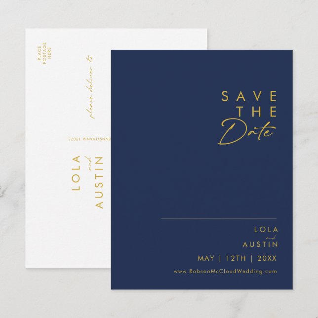 Modernes Minimalistisches Navy Blue | Gold Save th Einladungspostkarte (Vorne/Hinten)